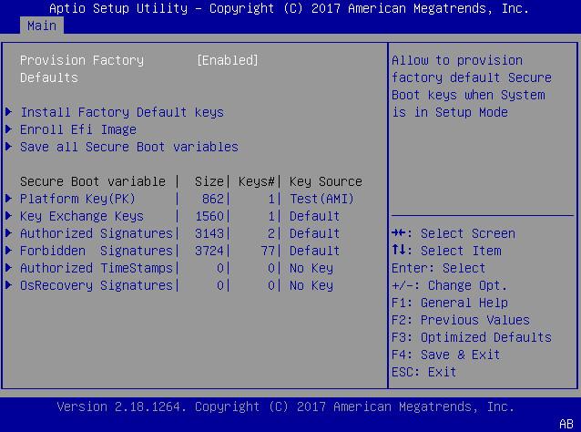 Configure UEFI Secure Boot 6. If you want to provision factory default keys, select Provision Factory Defaults and press Enter. Do one of the following: 242 To enroll an EFI image See Step 7.