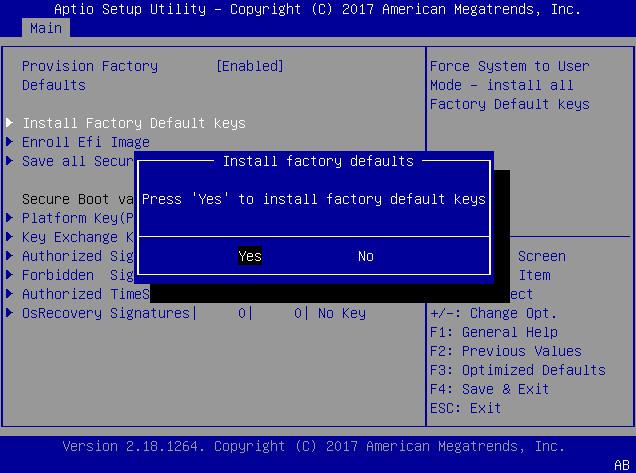 Configure UEFI Secure Boot Factory Default Keys to force the system to User Mode and install all the factory default Secure Boot keys.