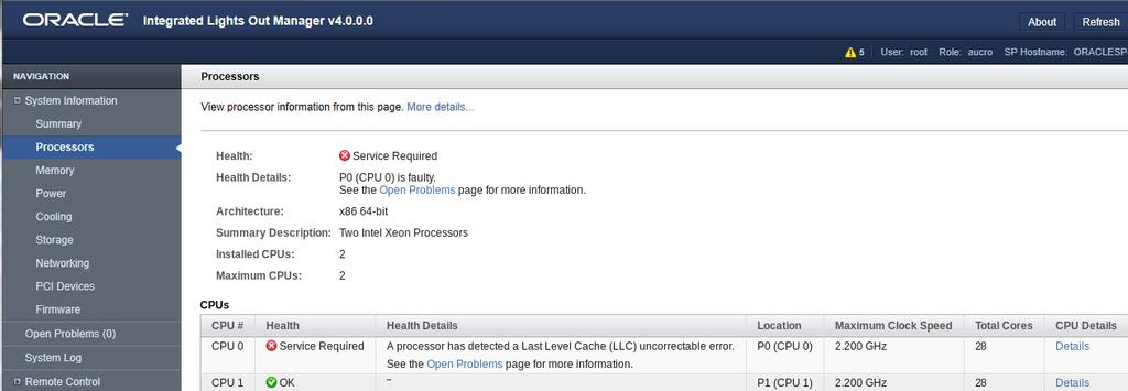 To identify the component, click the Processors in the Status section. The Oracle ILOM Processors page appears.