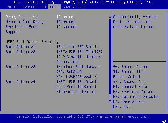 BIOS Boot Menu Selections Setup Options Options Defaults Description Retry Boot List Disabled/Enabled Enabled Automatically retries Boot List when all devices have failed.