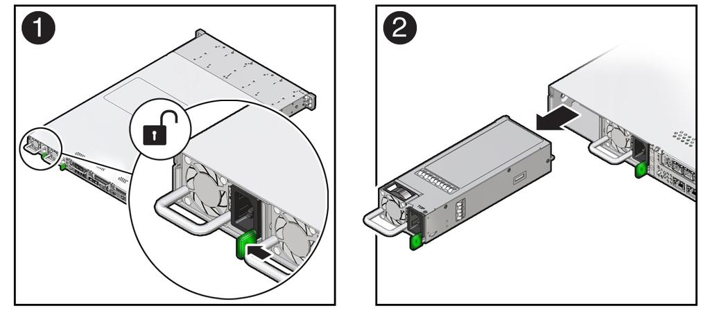 Install a Power Supply 5. Grasp the power supply handle and push the power supply latch to the left [1]. 6. Pull the power supply out of the chassis [2].