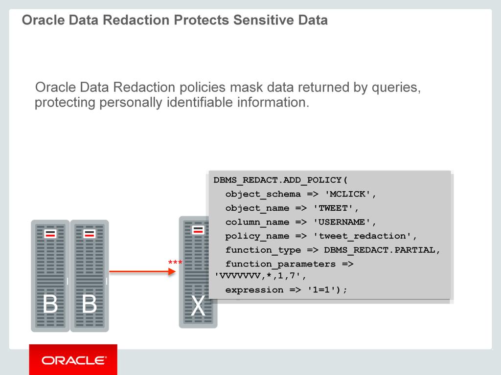 Similar to VPD, you can leverage Oracle Data Redaction to data stored in both Oracle Database and Big Data sources.
