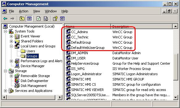 1 The CC_Admins, CC_Technic, DefaultGroup and DefaultWebUserGroup groups are created in the WinCC demo  5.