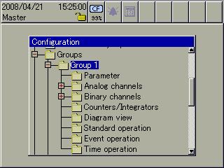 18 Configuration - Groups In the Groups menu you can determine which channels (analog or binary, math, internal or external, counters and integrators) are to be displayed and/or recorded.