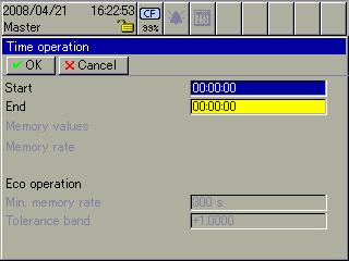 18 Configuration - Groups 18.8 Timed Mode Overview Start End Stored values (memory values) Storage cycle (memory rate) Eco mode Start time for initiating timed operation.