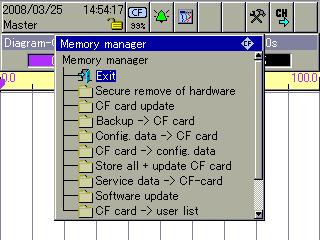 7 Memory Manager Activation for USB stick H Access to the Memory manager menu via the header is not possible with a USB memory stick. If one of the visualization modes (Chapter 4 - e.g. Curve Presentation) is active when a USB memory stick is inserted, the menu automatically appears and remains active until the memory stick is removed again.