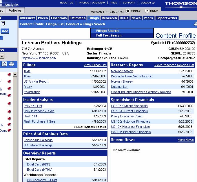 Company Reports Filings / Thomson Research Integrated Filings & Research Screen for companies Quick searching: