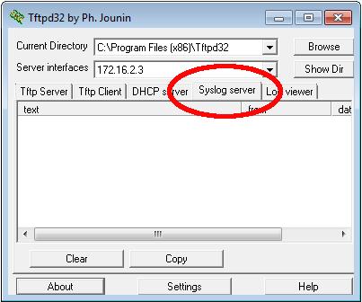 Lab Configuring Syslog and NTP Step 2: Start the syslog server on PC-B. After starting the Tftpd32 application, click the syslog server tab. Step 3: Verify that the timestamp service is enabled on R2.