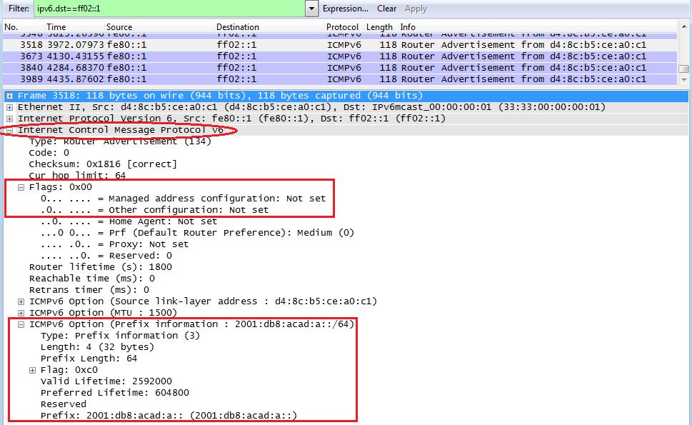 From Wireshark, look at one of the RA messages that were captured. Expand the Internet Control Message Protocol v6 layer to view the Flags and Prefix information.