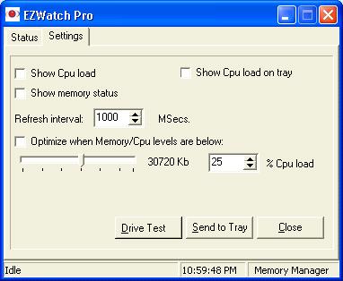 By default, "Show Cpu load on tray" and "Optimize when Memory/Cpu are below:" are checked.