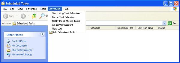 Start the Task Scheduler, by selecting "Start", "Programs", "Accessories", "Systems Tools", then "Scheduled Tasks" from the Start Menu.