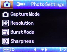 PHOTO SETTINGS The Camera configures the Carcam-SDE s photo snapshot settings. In the Photo mode, press the Menu button to open up the Camera configuration menu.