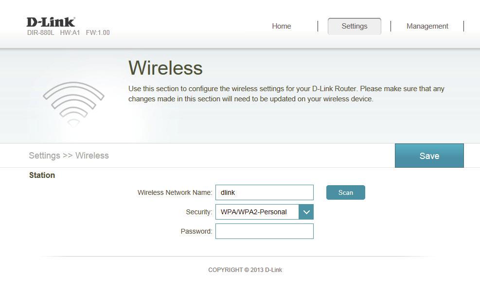 Section 4 - Configuration Wireless (Bridge Mode) In the Settings menu on the bar on the top of the page, click Wireless to see the wireless configuration options.