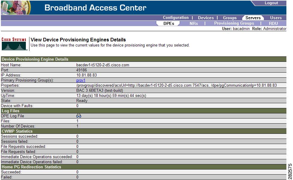 Chapter 16 Using the Administrator User Interface Viewing Servers Figure 16-7 View Device Provisioning Engine Details Page Table 16-3 identifies the fields and buttons shown in Figure 16-7.