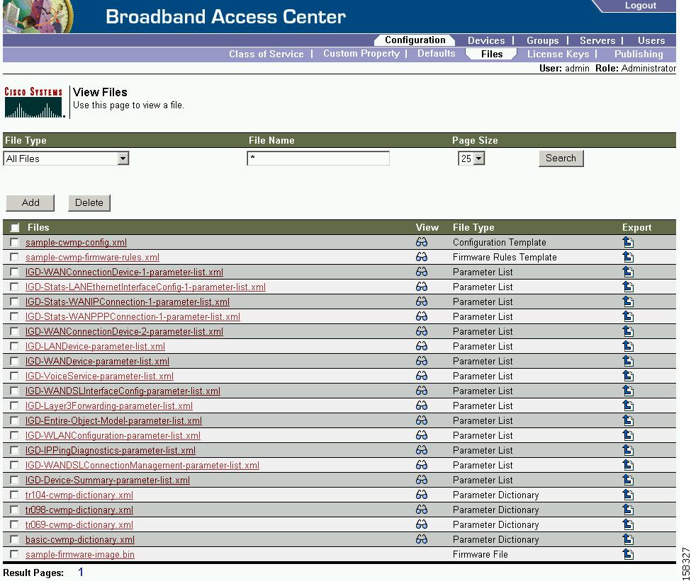 Managing Files Chapter 17 Configuring Broadband Access Center Figure 17-6 Manage Files Page Table 17-7 identifies the fields and buttons shown in Figure 17-6.