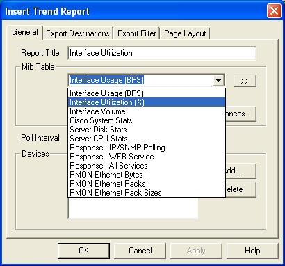 Give your Trend Report a Report Title. SNMPc can record statistics on any SNMP variable but some of the most common reports are available in a drop down list under MIB table.