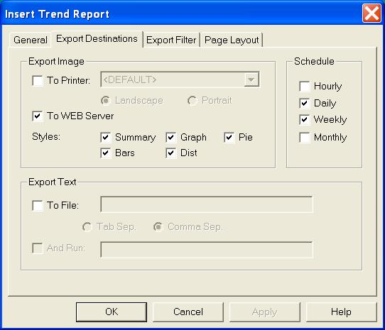 Select OK until you return to the Insert Trend Report configuration screen. Then choose the Export Destinations tab. Here you can control how your report is generated.