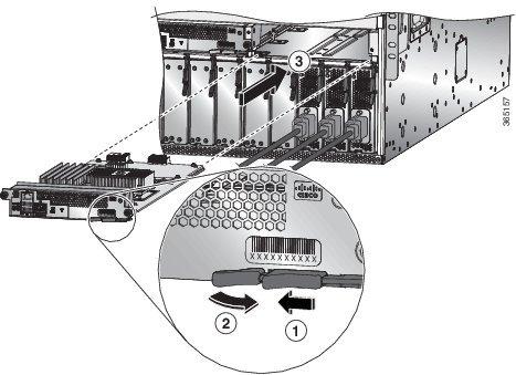 Replace a Route Processor Card Replace Modules, Fan Trays, and Power Supplies c) Align the back of the card to the guides in the open route processor slot and slide the card all the way into the slot
