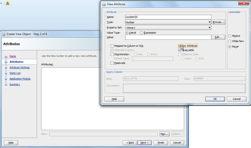 In the next dialog, provide the static data values for the view object attributes.