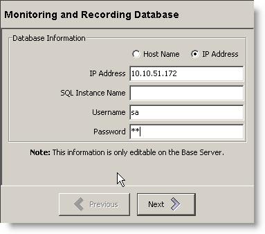 Installing Cisco Monitoring and Recording Site Configuration Setup Figure 8 displays the Monitoring and Recording Database window. Figure 8. Monitoring and Recording Database window Table 13.