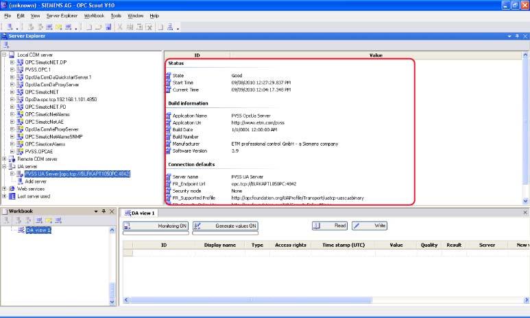 5BViewing data using an OPC server 7. Click on the server to view the connection status and connection defaults information.