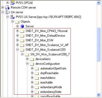 The folder name beginning with SNDT_DV_Mon identifies the network device name. Only objects that have been added to the OPC view are displayed in the navigation pane. 9.