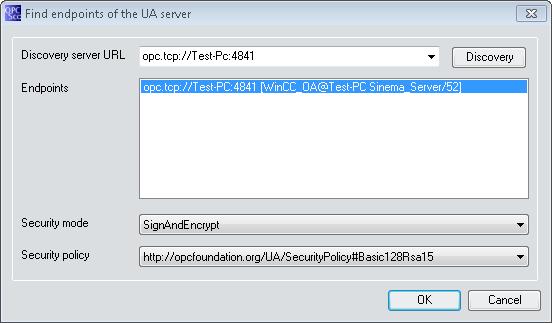 Data exchange via OPC 5.2 Data access with OPC (UA) 3. Create a signed and encrypted UA server connection in OPC Scout V10 (opc.tcp://pcname:port). 4.