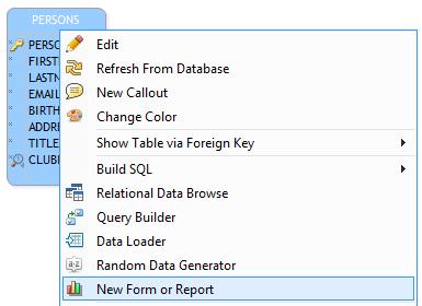 Right-click the table PERSONS and choose New Form or Report from pop-up.