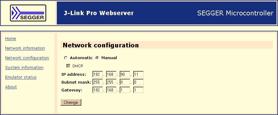 125 The Network configuration page allows configuration of network related settings (IP address, subnet mask, default gateway) of J-Link.