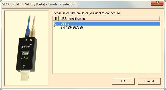 connected to the PC and shows a selection dialog which allows the user to select the appropriate J-Link he wants to