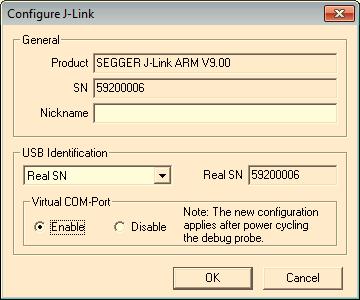 185 5.14 Virtual COM Port (VCOM) 5.14.1 Configuring Virtual COM Port In general, the VCOM feature can be disabled and enabled for debug probes which comes with support for it via J-Link Commander and J-Link Configurator.