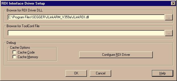 Select the location of JLinkRDI.dll in Browse for RDI Driver DLL field. and click the Configure RDI Driver button.