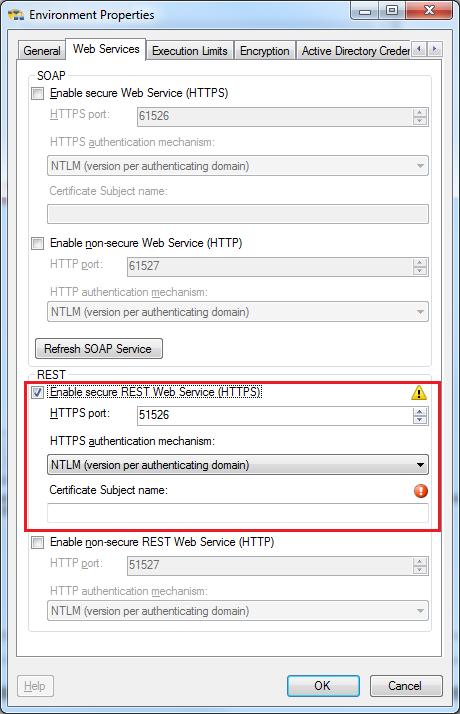 Figure 1: Server Properties Dialog Box, Web service Tab Step 3 Check the Enable secure REST Web service