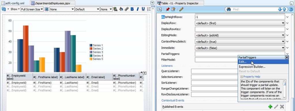 Figure 9: Configure the PartialTrigger property for the table In the opened dialog, select the graph component and press okay