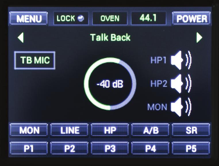 TALKBACK Press and hold the Talkback button on the Zen Tour Front Panel to adjust Talkback volume level and select / mute Talkback on