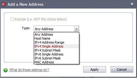 Click the 'Add' button at the top right and select 'A New Blocked Address' (Default = Any Address).