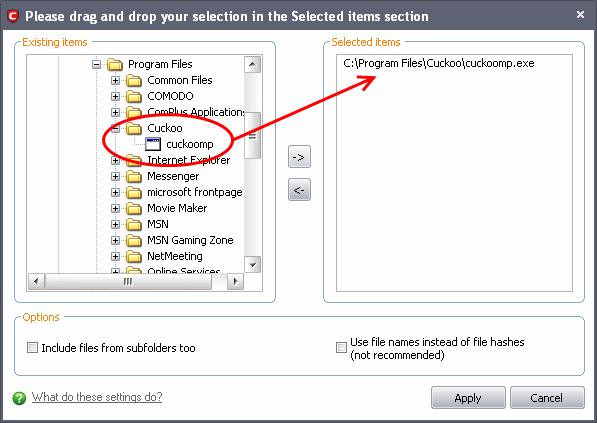 side pane. Use file names instead of file hashes - On selecting this option, the selected files will be stored in the database with the file names instead of file hashes.
