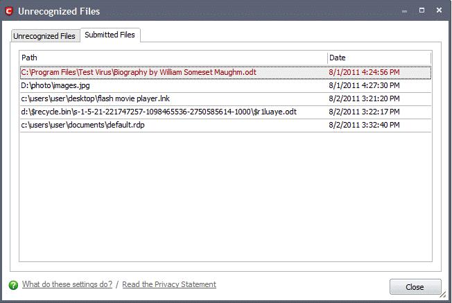 Submitted Files The Submitted files tab in the Unrecognized Files area displays a list of files submitted to Comodo for analysis,