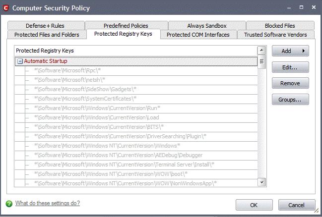 In order to access Protected Registry Keys interface, navigate to: Defense+ Tasks > Computer Security Policy > Protected Registry Keys.