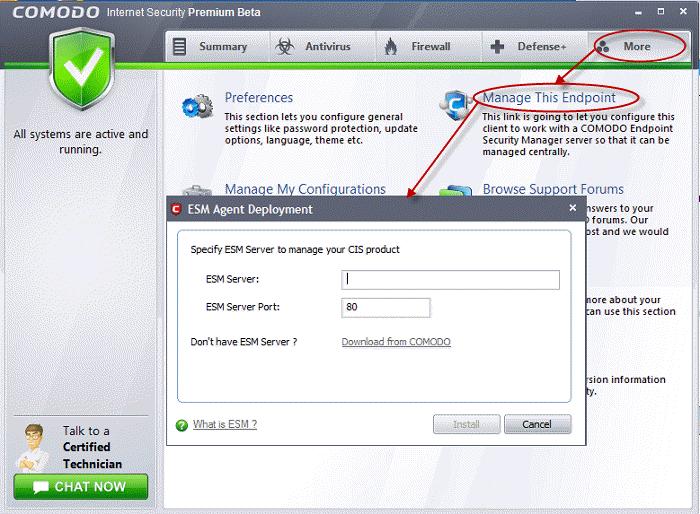 5.5.Manage This Endpoint The Manage this endpoint features allows administrators to connect Comodo Internet Security to Comodo Endpoint Security Manager (CESM) so that the endpoint (computer) can be