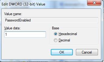 6. In the 'Edit DWORD Value dialog box, change the 'Value data' from 1