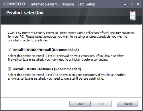 Select the installation type. If you want the complete installation, select both Install COMODO Antivirus and Install COMODO Firewall.