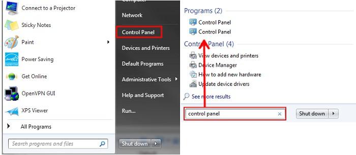 2. From the control panel menu, select 'Network and Sharing