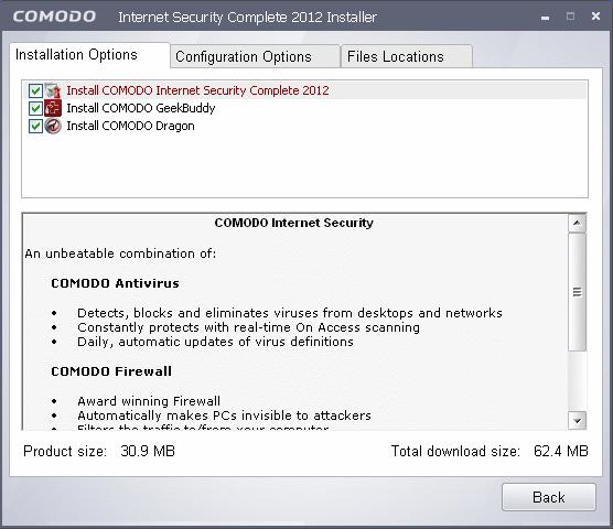 Install COMODO Internet Security Complete 2011 - Selecting this option installs full internet security suite consisting of Comodo Antivirus, Comodo Firewall and Defense+ components.