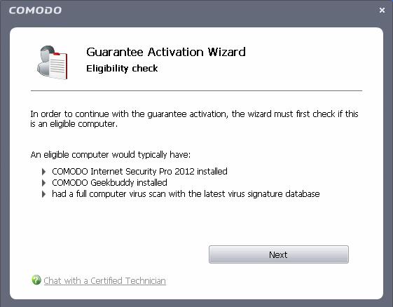 Click Next to continue. The wizard will check whether your computer meets the prerequisites for guarantee coverage.