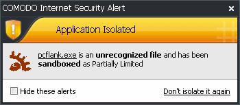 The alert will show the name of the executable that has been isolated in the sandbox. The application will be automatically added to Unrecognized Files list.