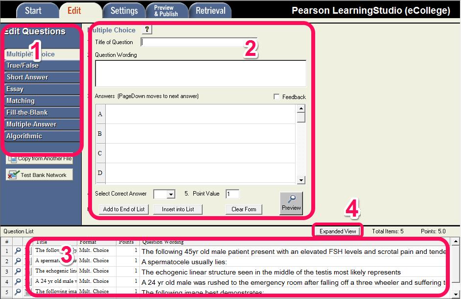 Edit Tab Once you have created or imported your questions into Respondus you can edit them using the Edit Tab. 1. Edit Question Type: In this menu you can change the type of question. (ex.