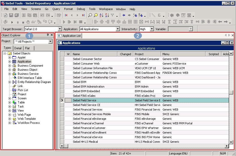 Using Siebel Tools Using the Object Explorer and Object List Editor How Siebel Tools Displays Object Types and Object Definitions Figure 1 illustrates how Siebel Tools includes an Object Explorer