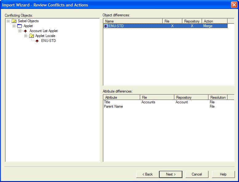 Archiving Objects Importing Objects from an Archive Using the Review Conflicts and Actions Dialog Box of the Import Wizard Figure 11 includes the dialog box that appears if Siebel Tools determines