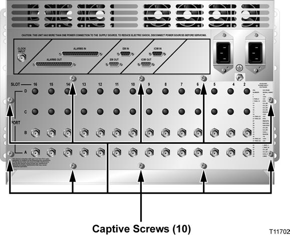 Loosen the 10 captive screws that secure the RF connector back panel to the chassis and carefully tilt the panel down to expose the existing